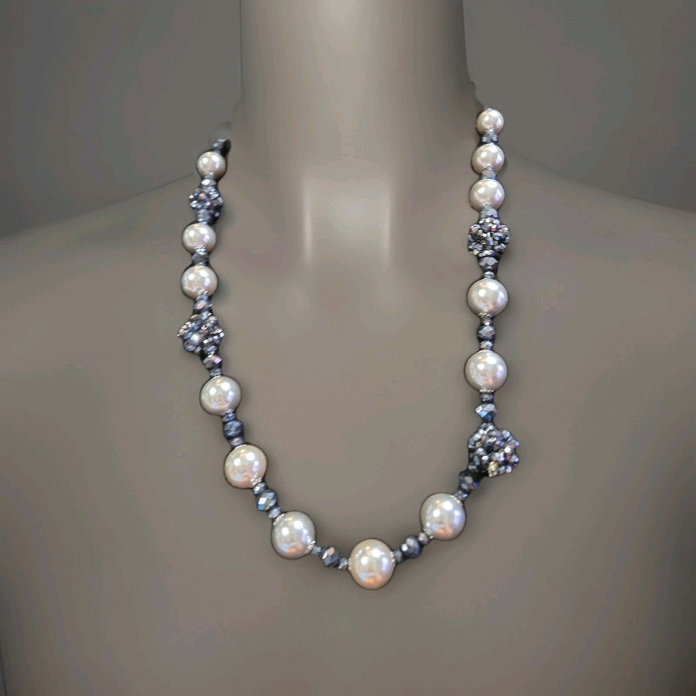 Pearl and Beaded Statement Necklace Silver Tone Clasp